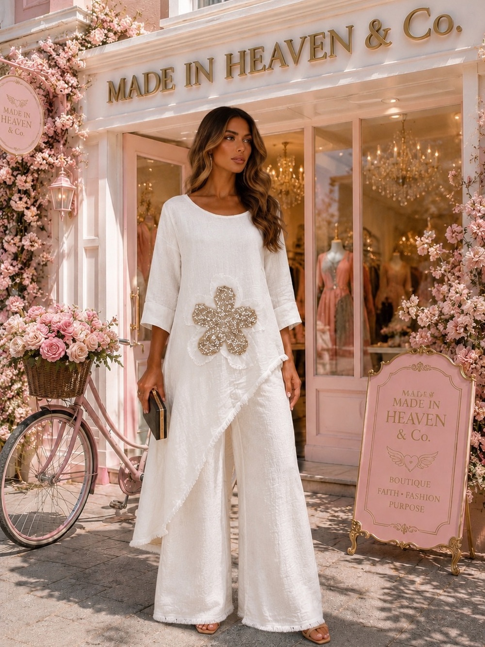 Made in Heaven Ivory Sequin-Applique Tunic & Wide-Leg Pants